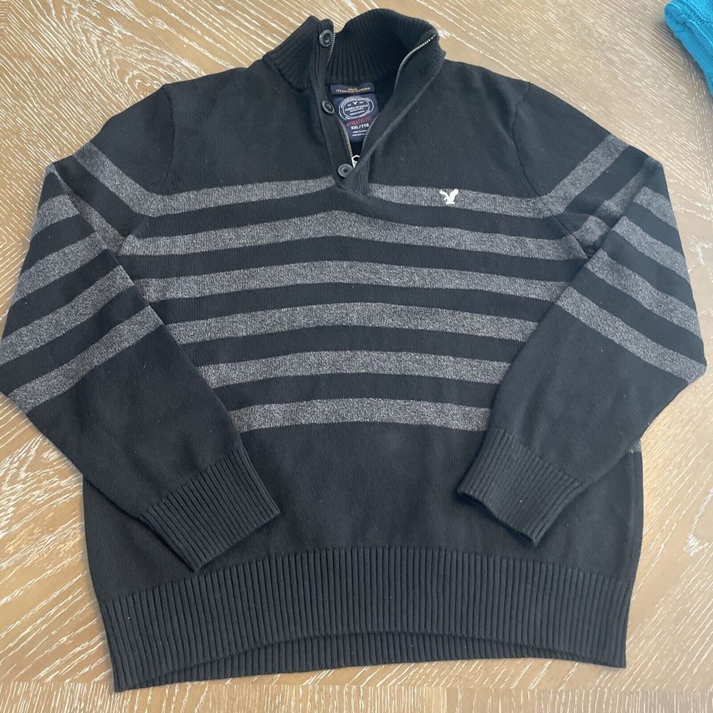 American Eagle Sweater Mens XXL Pullover Black 1/4 Zip 3 Button Long Sleeve VGUC